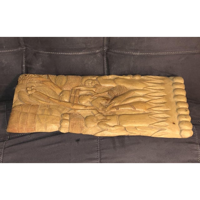Wood 1960s Mid-Century Haitian Folk Art Carved Solid Mahogany Relief Plaque - Signed Abel C For Sale - Image 7 of 12