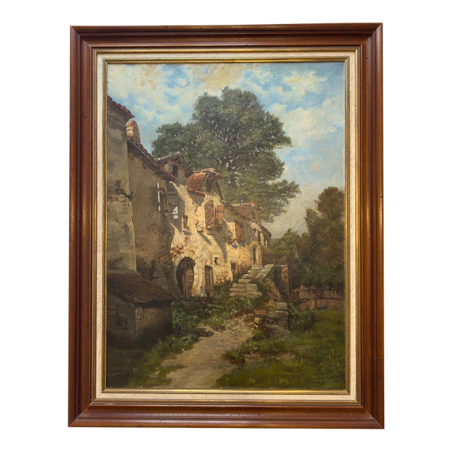 Large 19th-Century French Village Oil Painting by Jean-Georges Pasquet, After Dameron For Sale