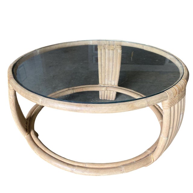 1950s Five Strand Rattan Coffee Table With Glass Top For Sale - Image 4 of 6