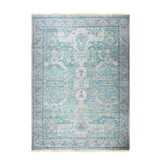 10x14 Green Hand-Knotted Silk Faded Turquoise Medallions Tribal Carpet Rug For Sale In New York - Image 6 of 8