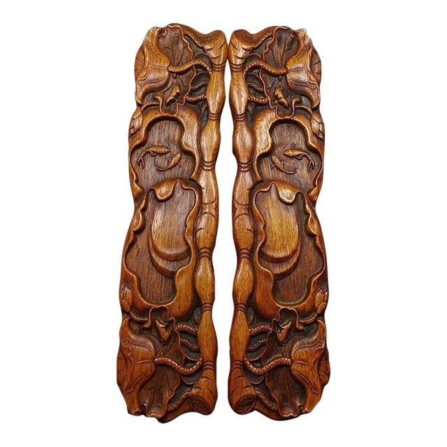 Pair of Carved Rosewood Paperweights With Lotus Leaf Motif - Asian Scholar's Objects For Sale