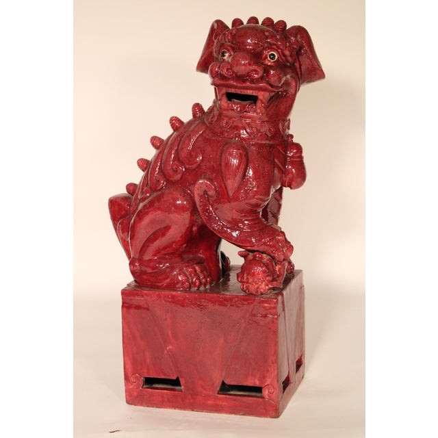 1960s Pair of Large Maroon Color Foo Dogs For Sale - Image 5 of 10