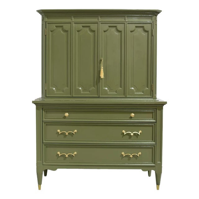 Mid Century Transitional Highboy Dresser by American of Martinsville in Olive Green - Newly Painted For Sale