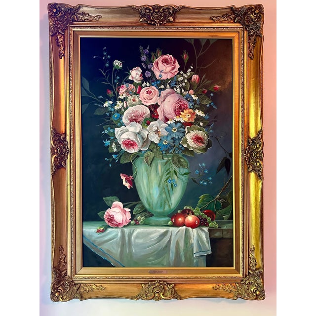 Large Framed Vintage Oil on Canvas Victorian Style Floral Painting For Sale - Image 13 of 13