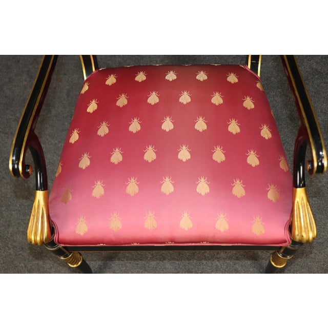 Rose Pair of Hollywood Regency Style Ebonized & Gilt Armchairs by Karges For Sale - Image 8 of 14