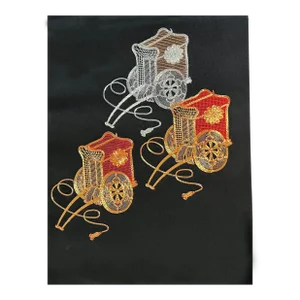 Late 20th Century Japanese Obi Black Silk Tassels Celebratory Carts Textile Art
