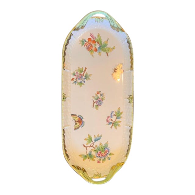 1980s Herend Queen Victoria Green Sandwich Tray For Sale