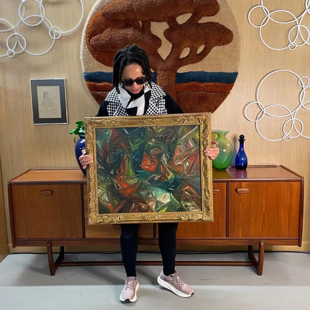 Wood M Gargiulo 1959 Geometric Abstract Oil Painting in Ornate Vintage Gold Frame For Sale - Image 7 of 11