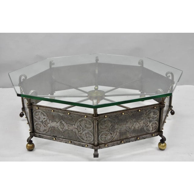Antique Gothic Spanish Renaissance Steel & Brass Octagonal Glass Top Coffee Table. Item features a stunning distressed...