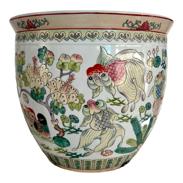 Large Chinese Porcelain Lotus Pond White Enamelled Planter / Jardiniere, Goldfish, Ducks and Flowers (Republic Period) For Sale