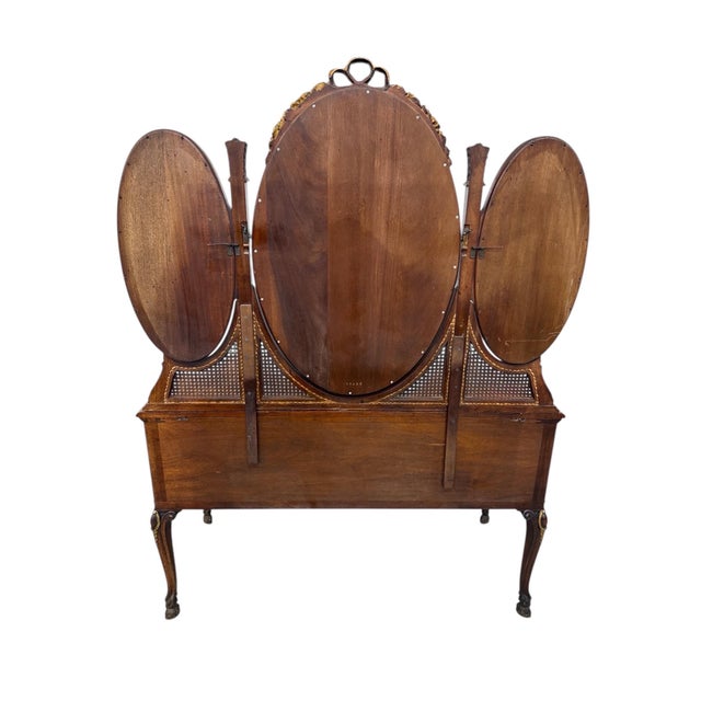French Louis XV Style Triple Oval Mirror Walnut Vanity & Chair For Sale - Image 14 of 17