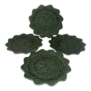 Vintage Bordallo Pinheiro Green Rabbit Accent Scalloped Majolica Salad Plates -Set of 4 For Sale