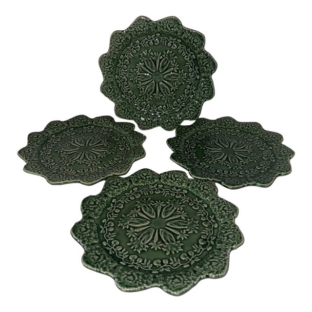 Vintage Bordallo Pinheiro Green Rabbit Accent Scalloped Majolica Salad Plates -Set of 4 For Sale