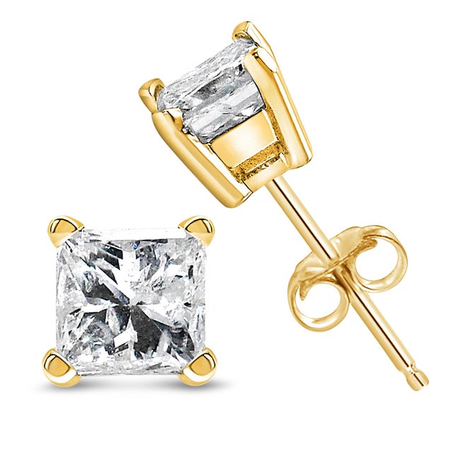 Contemporary IGI Certified 14k Yellow Gold 1/3 cttw 4-Prong Set Princess-Cut Solitaire Diamond Push Back Stud Earrings (N-O Color, SI1-SI2 Clarity) For Sale - Image 3 of 6