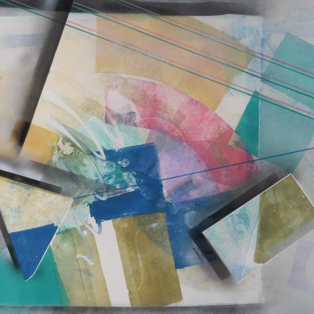 A Framed Lucite Case Mixed Media Abstract Signed by Dennis Frings features dynamic, non-representational design using a...