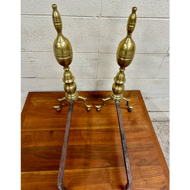 Brass Vintage Brass Federal Style Fireplace Andirons Dog Irons Fire Dogs - Pair For Sale - Image 8 of 10