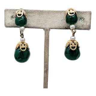 Vintage 1960s Signed Napier Goldtone Faux-Jade Drop Clip Earrings-2 Pieces For Sale