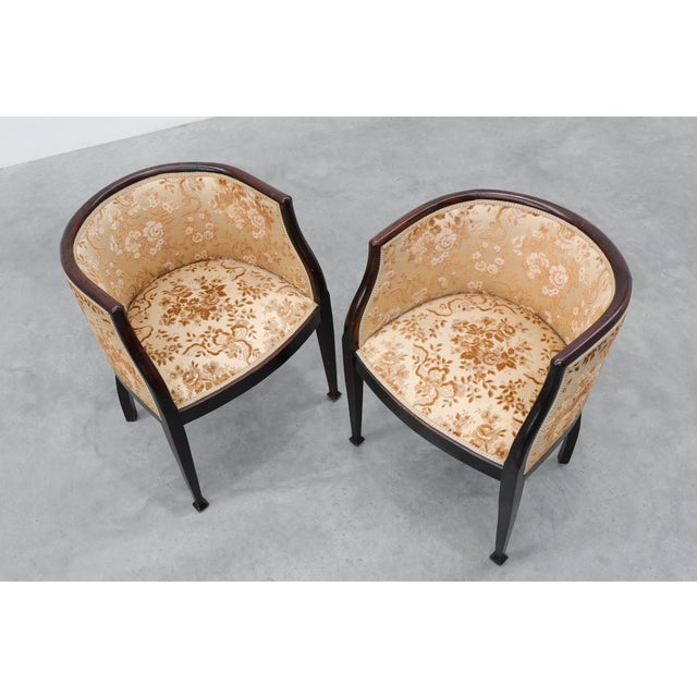 Antique Ebonised Tub Armchairs with Floral Upholstery, France, 1890s, Set of 2 For Sale - Image 9 of 11
