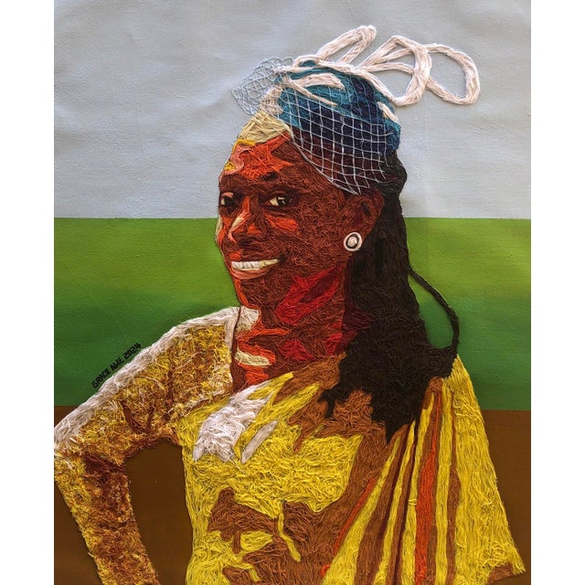 Submission to Authority (1) by Grace Awe | Thread and Acrylic on canvas Portrait of a smiling woman For Sale