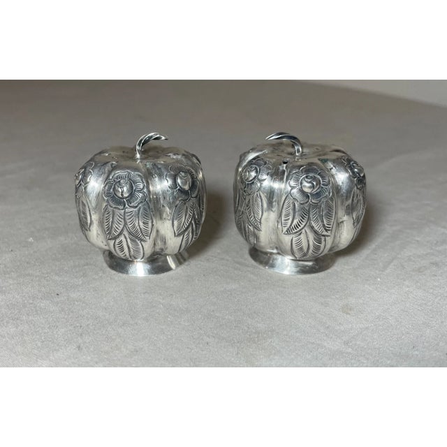 Silver Antique Handmade Sterling Silver Repousse Pumpkin Fruit Salt and Pepper Shakers For Sale - Image 8 of 11