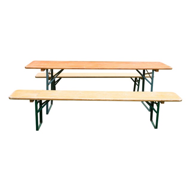 Folding German Picnic Table Set with Benches, Wood and Metal, 1970s For Sale