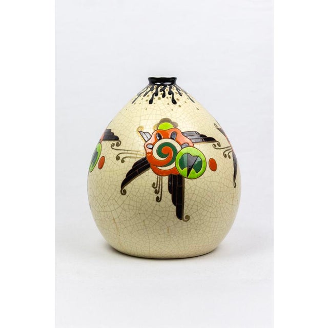1930s Art Deco Vase in Crackle-Glazed Ceramic with J. Martinache Decoration from Orchies Factory, France, 1930s For Sale - Image 5 of 16