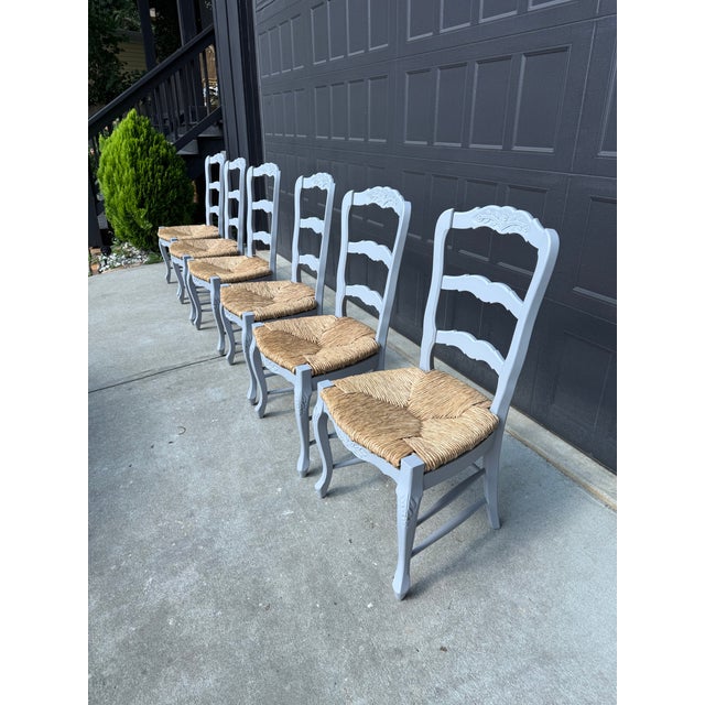 Stone Gray Late 20th Century French Country Ladder Back Rush Seat Dining Chairs – Set of 6 For Sale - Image 8 of 9