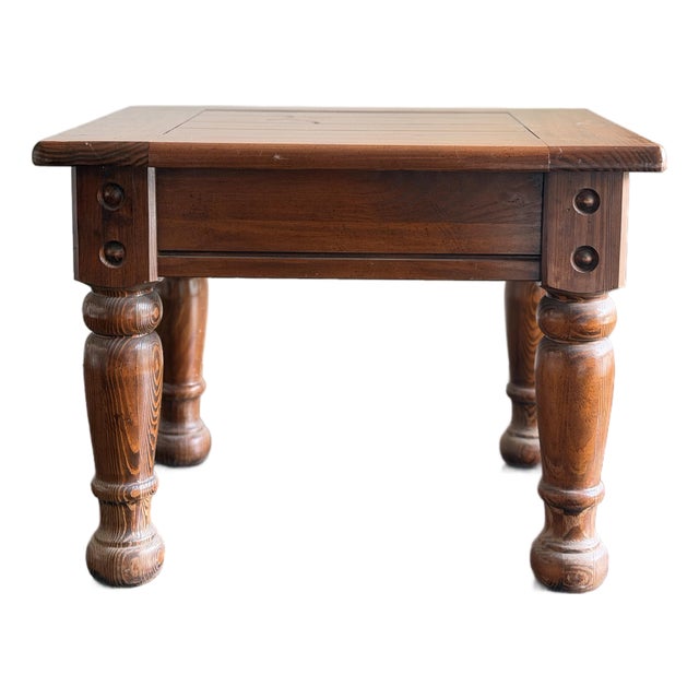 Vintage Rustic Solid Pine Square End Table — Turned Baluster Leg Farmhouse Spanish Colonial Side Table For Sale