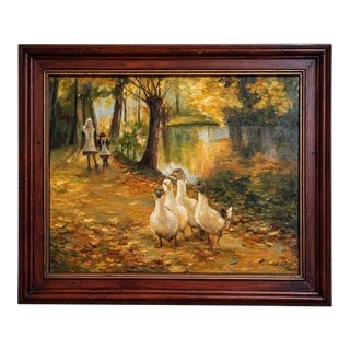 Oil Painting Reproduction the Intruders Sir John Lavery Landscape Geese Children For Sale