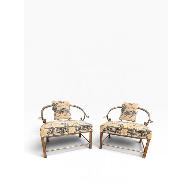 Chinoiserie Vintage Pair of Empress Brass Lounge Chairs Attributed to Mastercraft in Clarence House Tibet Fabric For Sale - Image 3 of 16