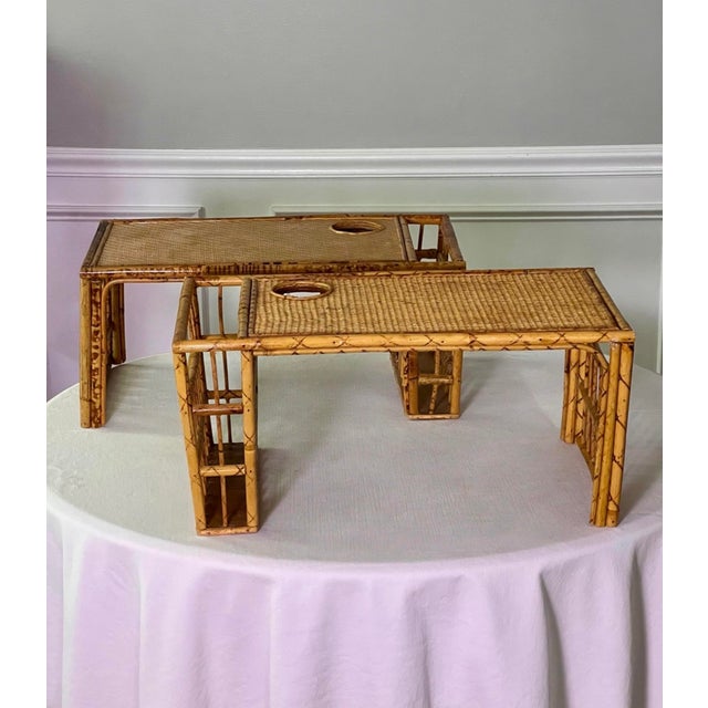 Complementary pair of 1960s bed in breakfast trays of burnt bamboo and woven rattan cane. A very similar set with one...