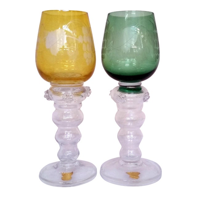 Gulla Skruf Green & Yellow Wine Goblets - A Pair For Sale
