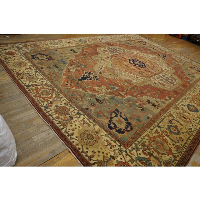 1880s Ivory Salmon Medallion Antique n.w. Persian Serapi Rug 116" X 15'10" Handknotted Wool Carpet For Sale - Image 4 of 9