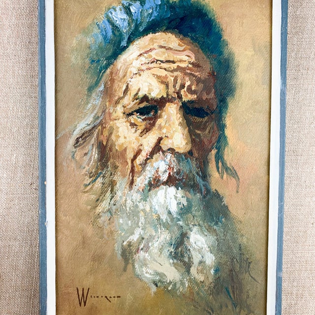 Brown Mid 20th Century Vintage Portrait Jewish Man Hat Beard William Weintraub Oil Board Israeli Art For Sale - Image 8 of 12