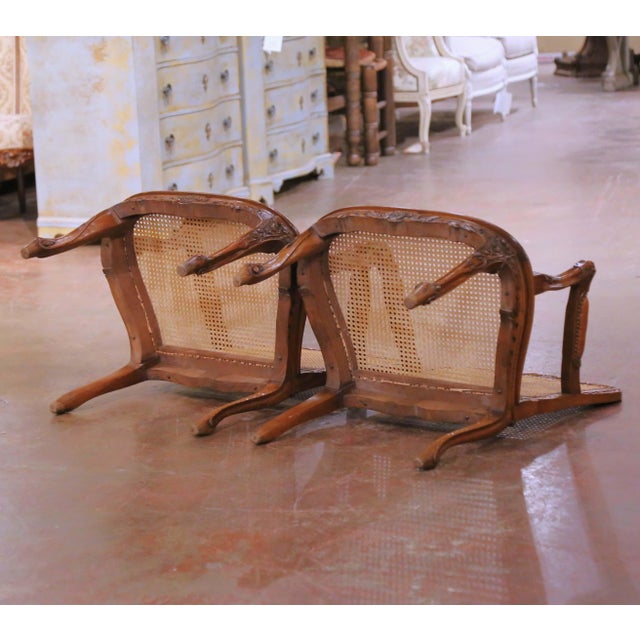 Pair Mid-Century French Louis XV Style Walnut Caned and Leather Desk Armchairs For Sale - Image 13 of 13