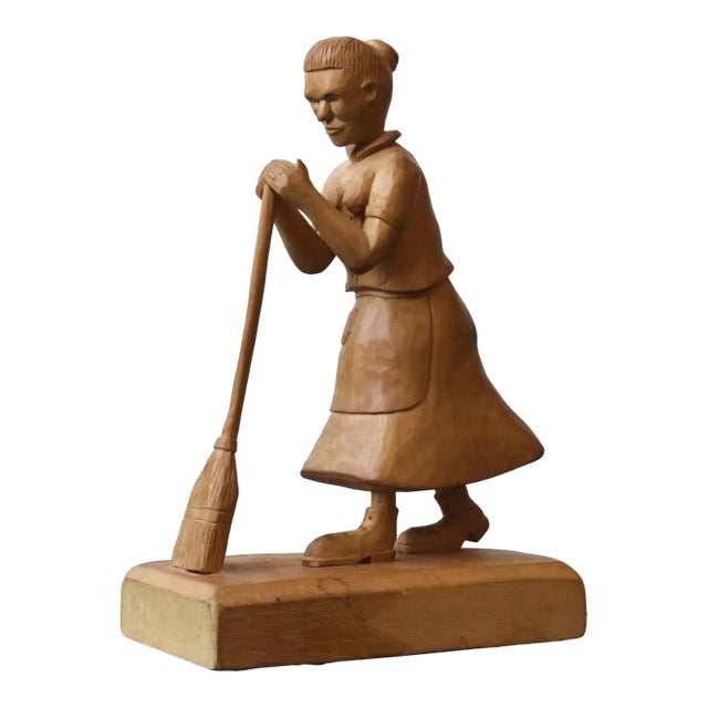 Vintage Dynamic Hand-Carved Blonde Wood Figure With Broom Attributed to Junior Cobb, Circa 1970s For Sale