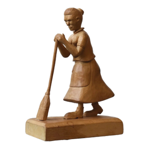 Vintage Dynamic Hand-Carved Blonde Wood Figure With Broom Attributed to Junior Cobb, Circa 1970s