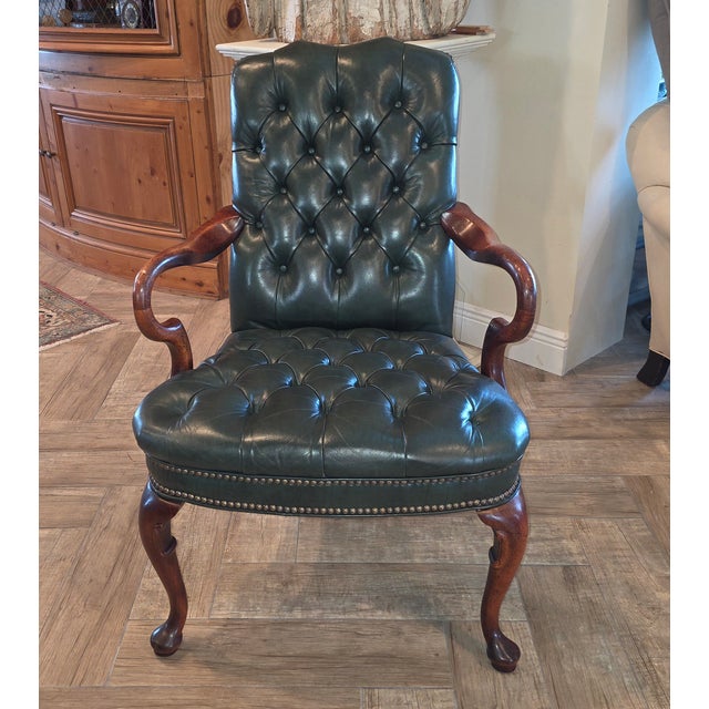 Green Vintage Fully Tufted Green Leather Gooseneck Chair For Sale - Image 8 of 9