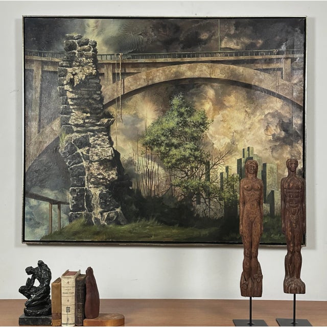 Paul Gorka - Untitled Fantasy Realist Cityscape with Bridge, Signed (c. 1970, Oil on Canvas). Large fantasy realist...