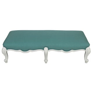 Carved White Oversized Ottoman With Aqua Fabric in Louis XV Style For Sale