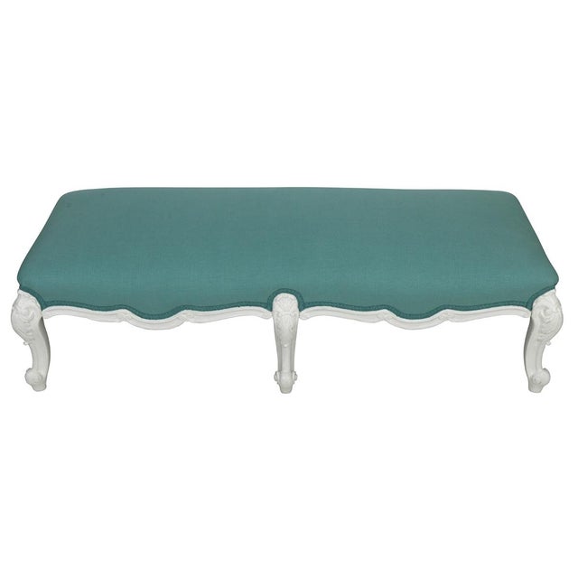 Carved White Oversized Ottoman With Aqua Fabric in Louis XV Style For Sale