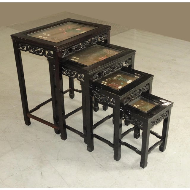 Gorgeous Nesting Tables in Good Vintage Condition. But there is one very small piece of decorative wood missing on one...