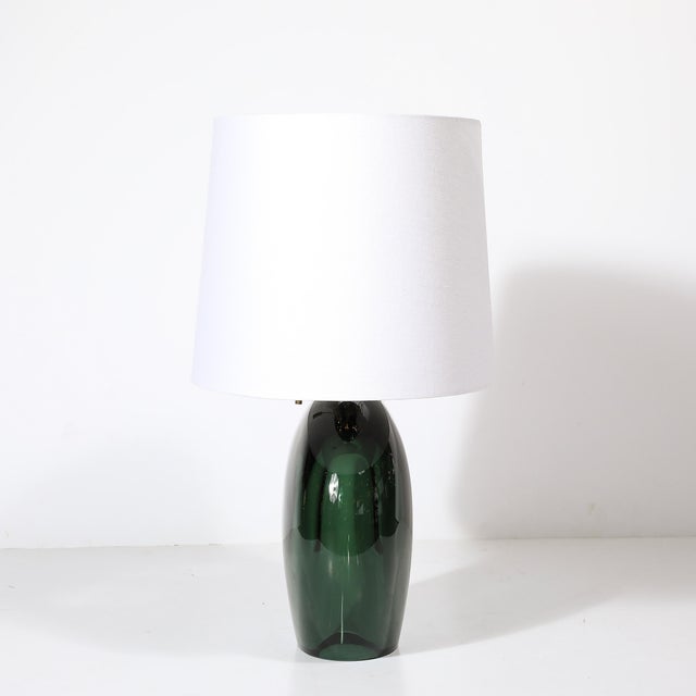 Metal Modernist Handblown Smoked Viridian Green Murano Glass & Brass Table Lamps For Sale - Image 7 of 12