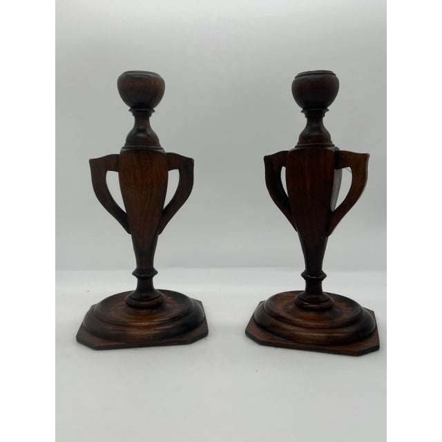Arts & Crafts Pair, Arts & Crafts Trophy Urn Form Carved Wood Candlesticks Circa 1910 For Sale - Image 3 of 6