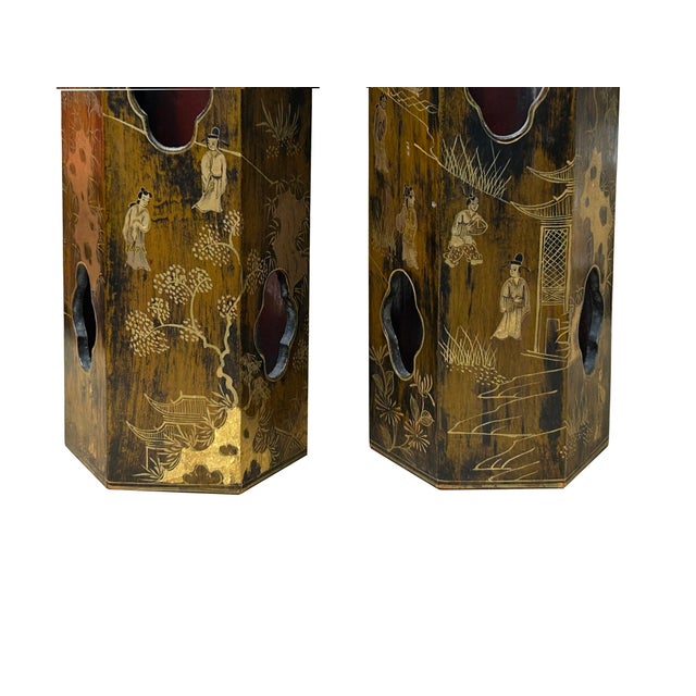 Pair Chinese Matte Gold Scenery Hexagonal Display Wood Brush Pots Vase For Sale - Image 12 of 18