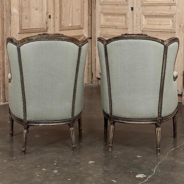 Burnt Umber Pair Antique Louis XVI Style French Bergères ~ Armchairs in Walnut For Sale - Image 8 of 18