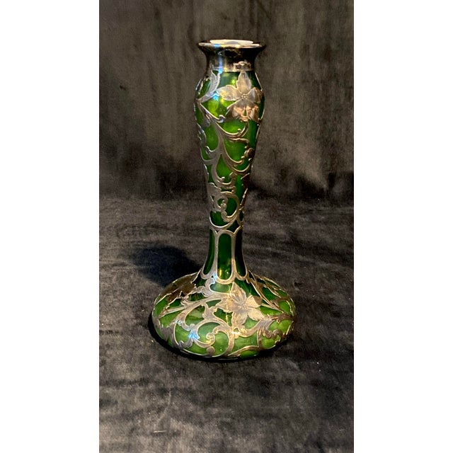 Antique Loetz Sterling silver Art Nouveau Green Glass Vase. Hard to find. Has not been engraved so you can put your own...