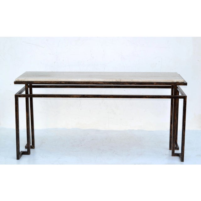 Contemporary Roche Bobois Minimalist Floating Steel Console Black Bronze Finish & Travertine Top 1980 For Sale - Image 3 of 13