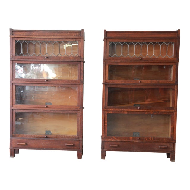 Antique GlobeWernicke Leaded Glass Door Oak Barrister Bookcases a Pair Chairish