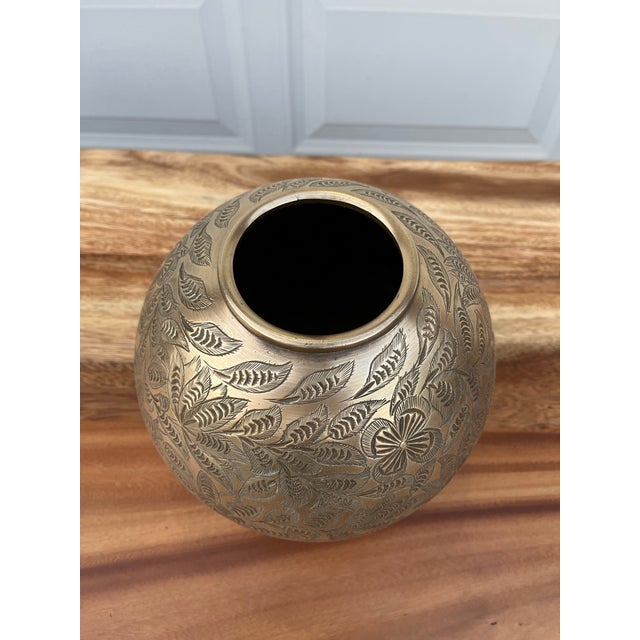 Indian Polished Brass Bubble Vase With Floral Etching, India, Mid 1900's For Sale - Image 3 of 12